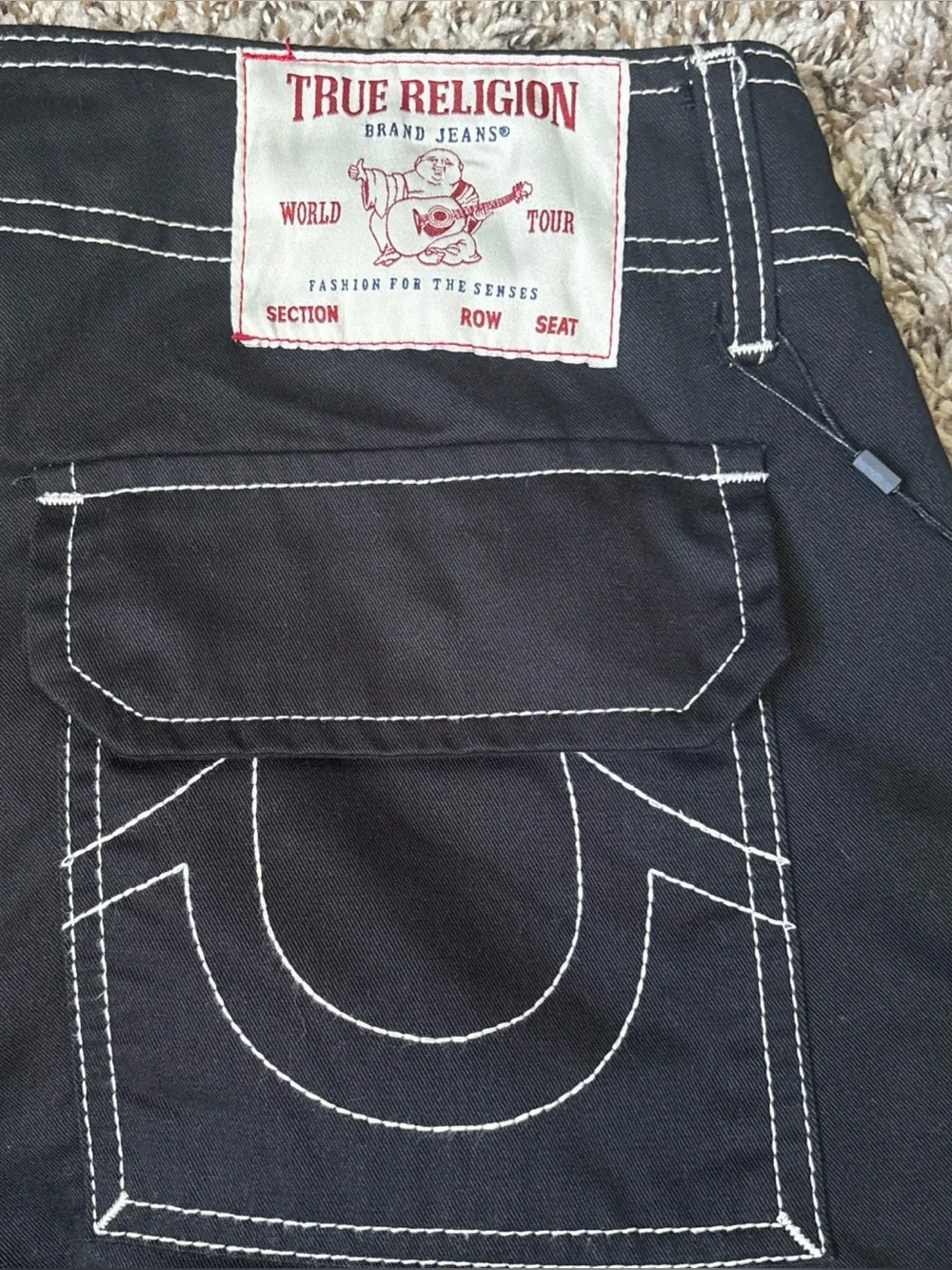 True Religion Black Cargo Pants with White Contrast Stitching